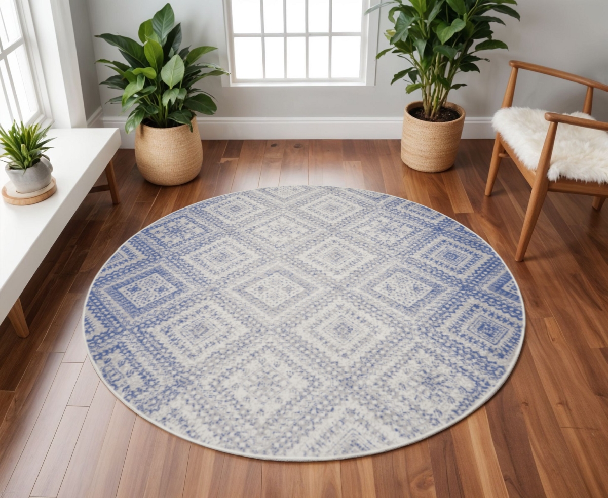 552328 8 ft. Geometric Distressed Round Rug, Ivory & Blue