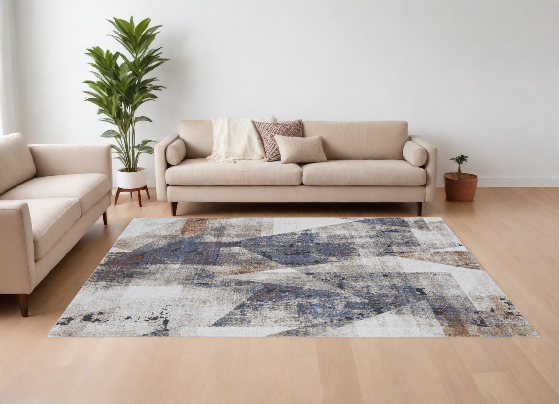 567210 10 x 14 ft. Checkered Power Loom Rectangle Area Rug, Gray, Blue & Ivory