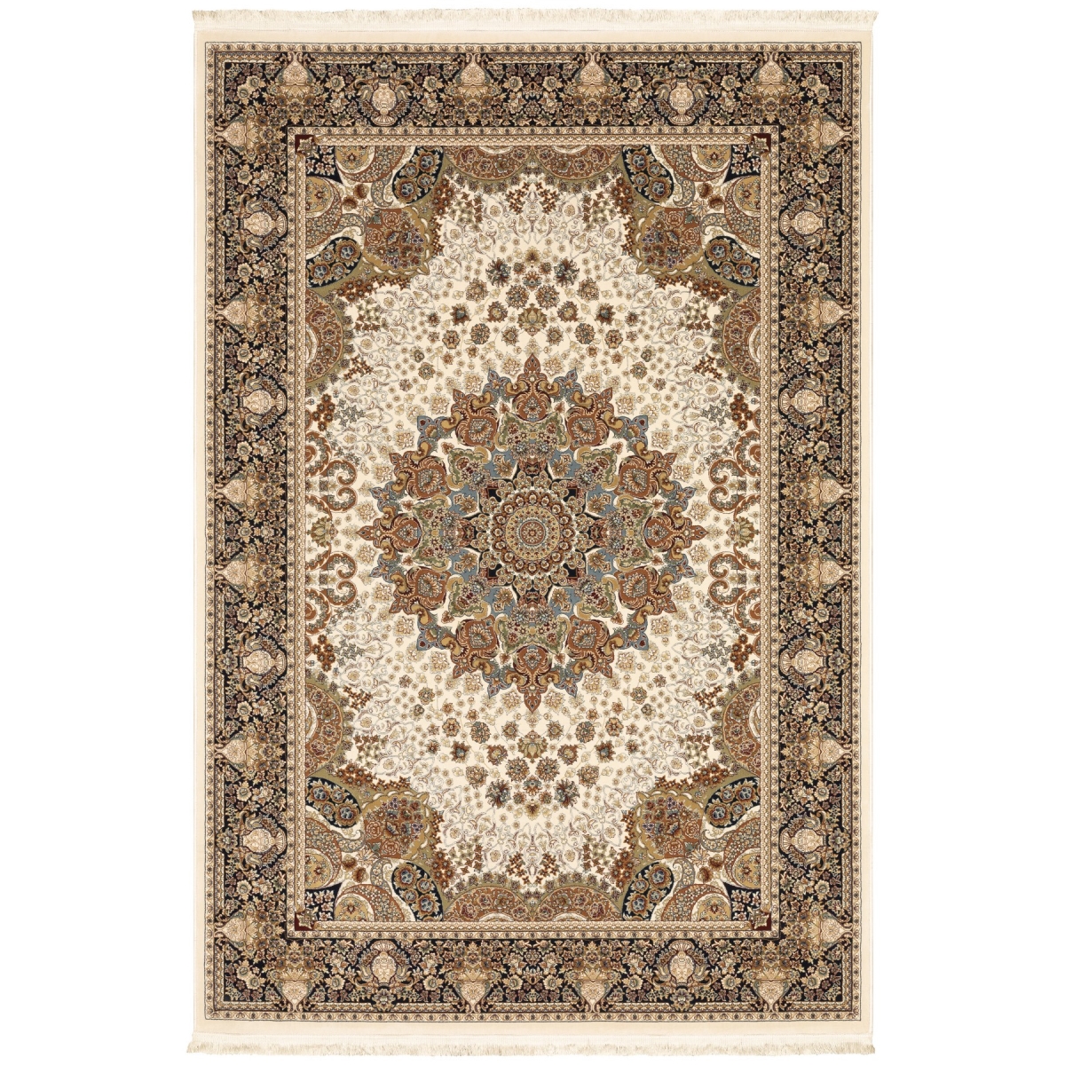 574568 8 x 11 in. Medallion Machine Made Rectangle Area Rug with Fringe, Ivory Black & Tan