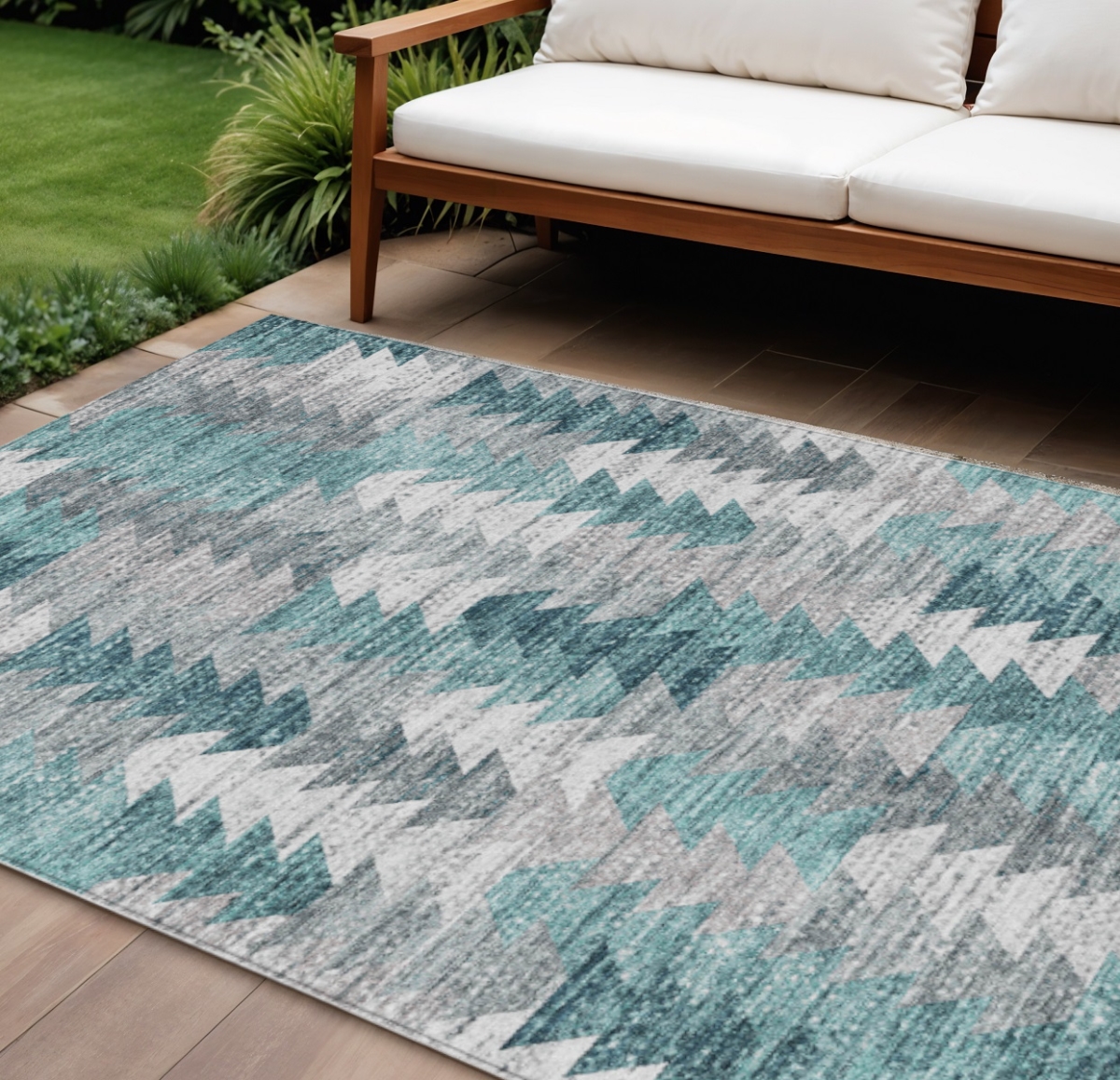 580002 8 x 10 ft. Geometric Washable Indoor & Outdoor Rectangle Area Rug, Dark Blue, Aqua & Gray