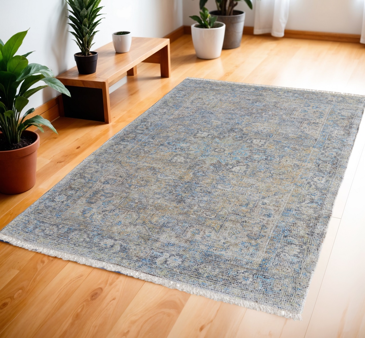 Abstract Hand Woven Area Rug - Gray Blue & Tan - 4 x 6 ft - Distressed Design