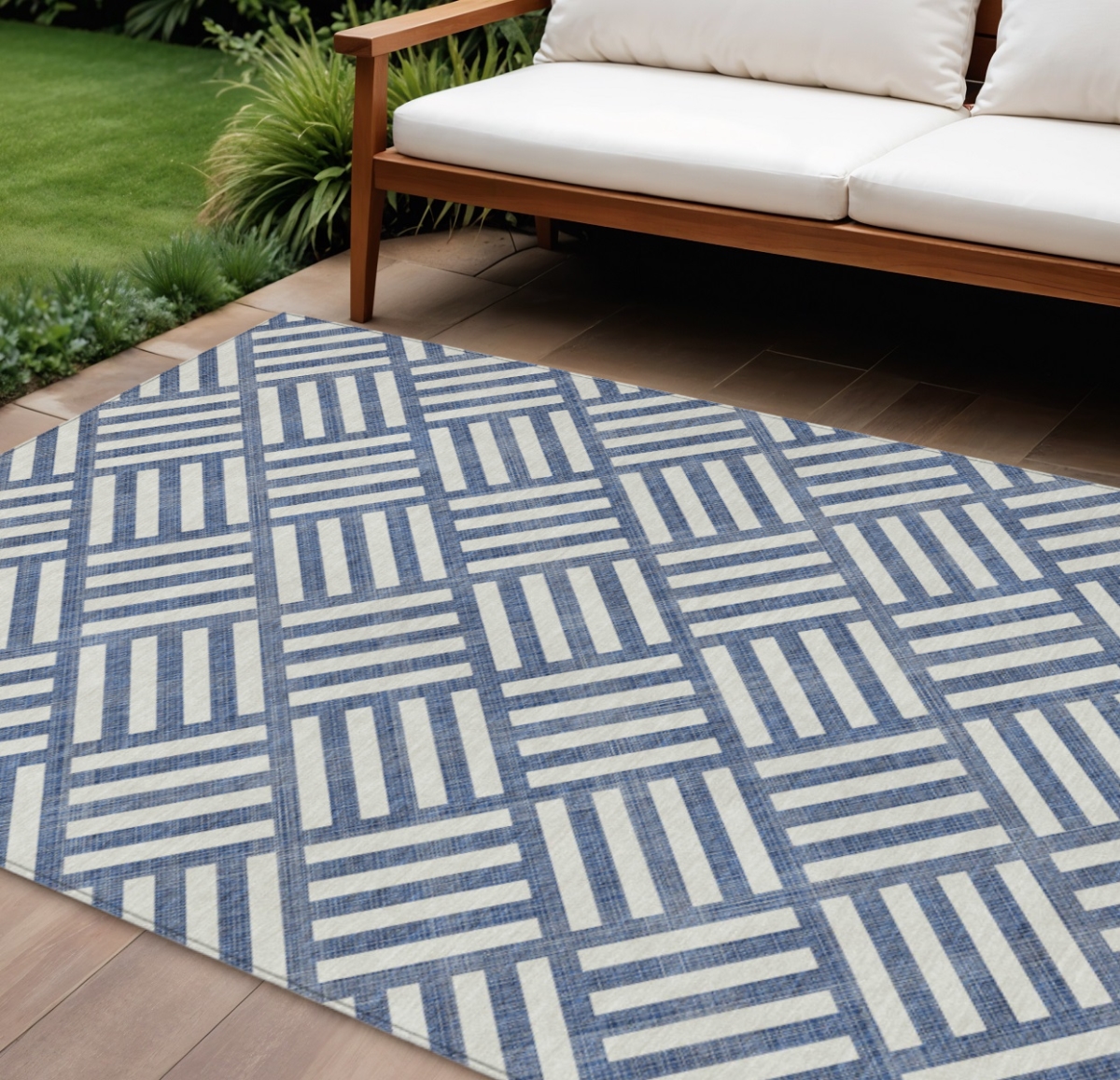 Geometric Washable Area Rug - Navy Blue & Ivory - 10 x 14 ft - Stain Resistant