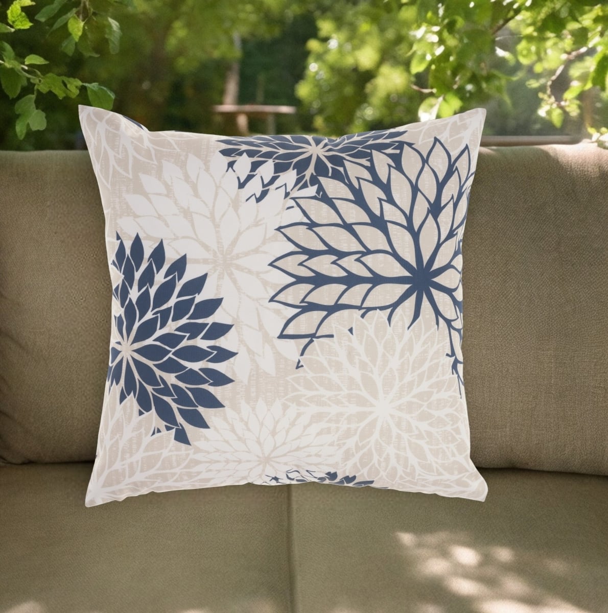 Floral Throw Pillow - Beige Blue Ivory - 20 in. - Weather Resistant