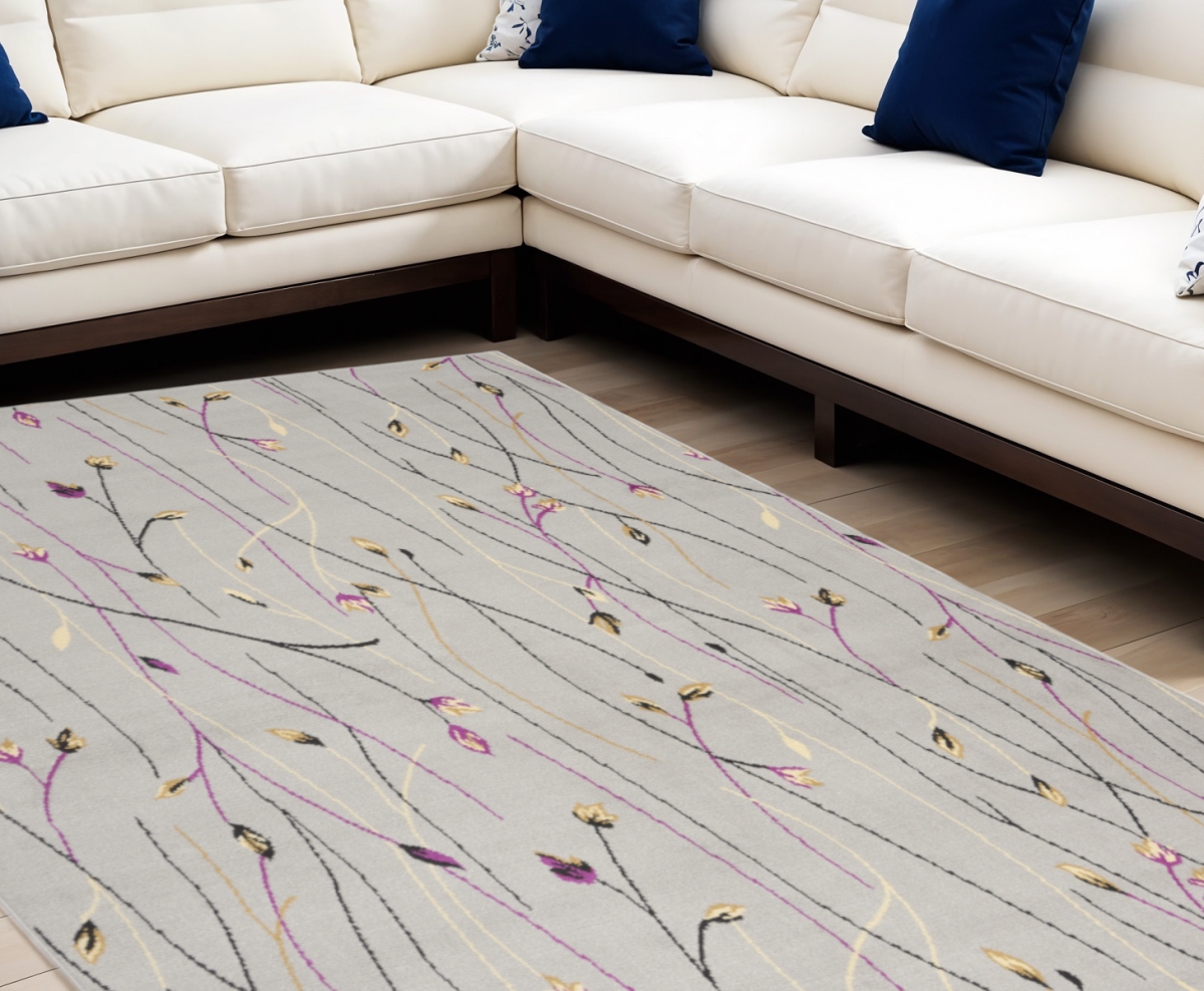 545367 7 x 10 ft. Floral Power Loom Rectangle Area Rug, Gray & Pink