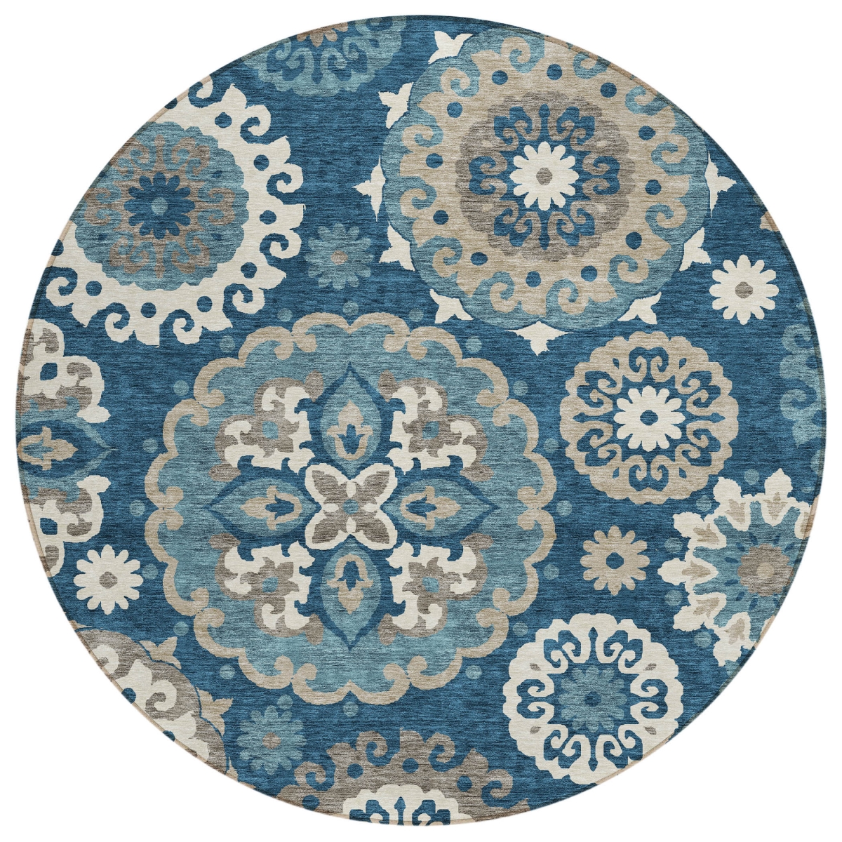 585702 8 ft. Round Floral Medallion Washable Indoor & Outdoor Area Rug, Navy Blue & Taupe
