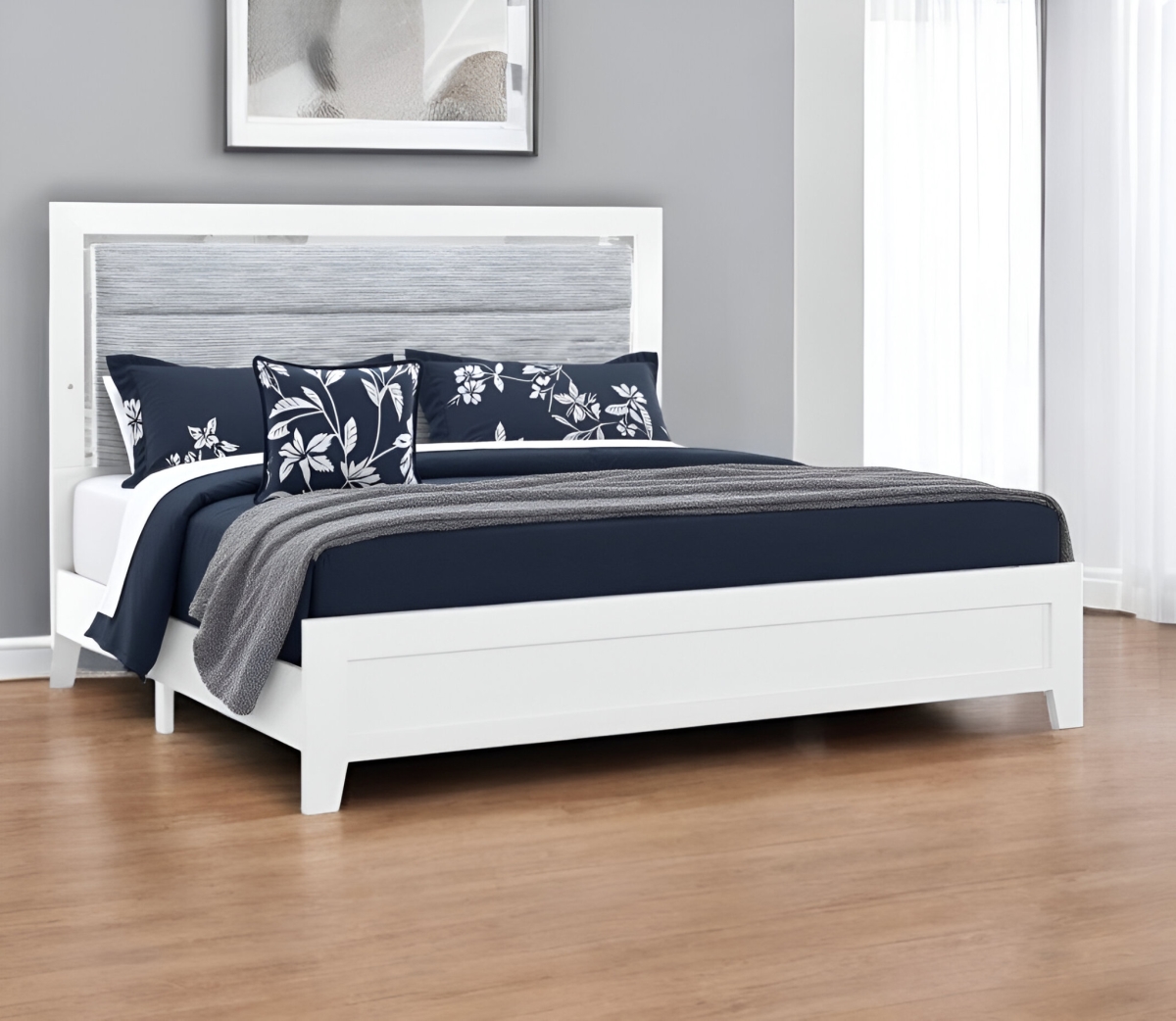 564730 White & Light Gray Ribbed Texture Wood & Upholstery Lighted King Size Bed Frame
