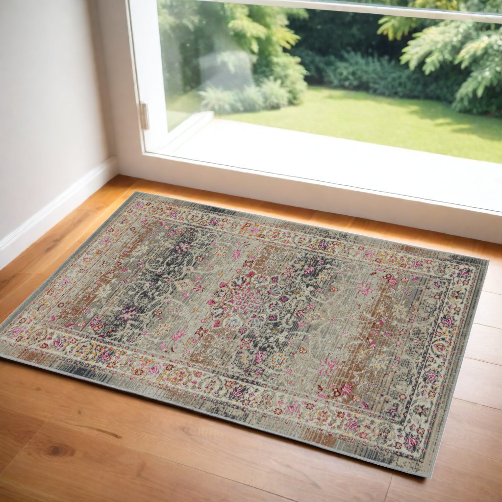 553371 2 x 4 ft. Floral Distressed Rectangle Area Rug, Ivory, Brown & Gray