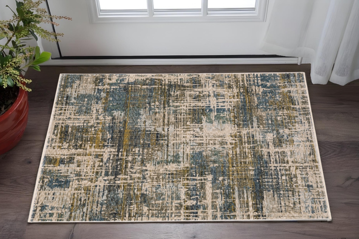 575421 3 x 5 ft. Abstract Rectangle Area Rug with Fringe, Blue & Gold