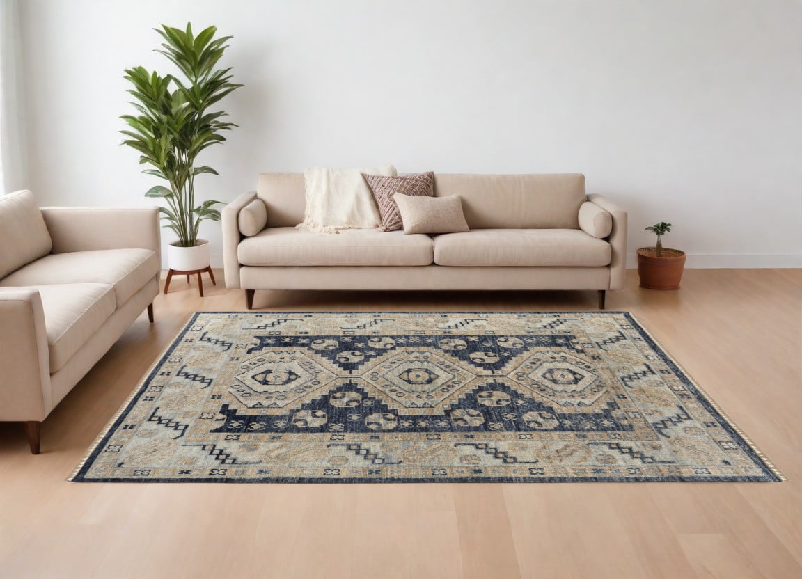 567064 8 x 10 ft. Wool Geometric Hand Knotted Rectangle Area Rug with Fringe, Blue & Ivory