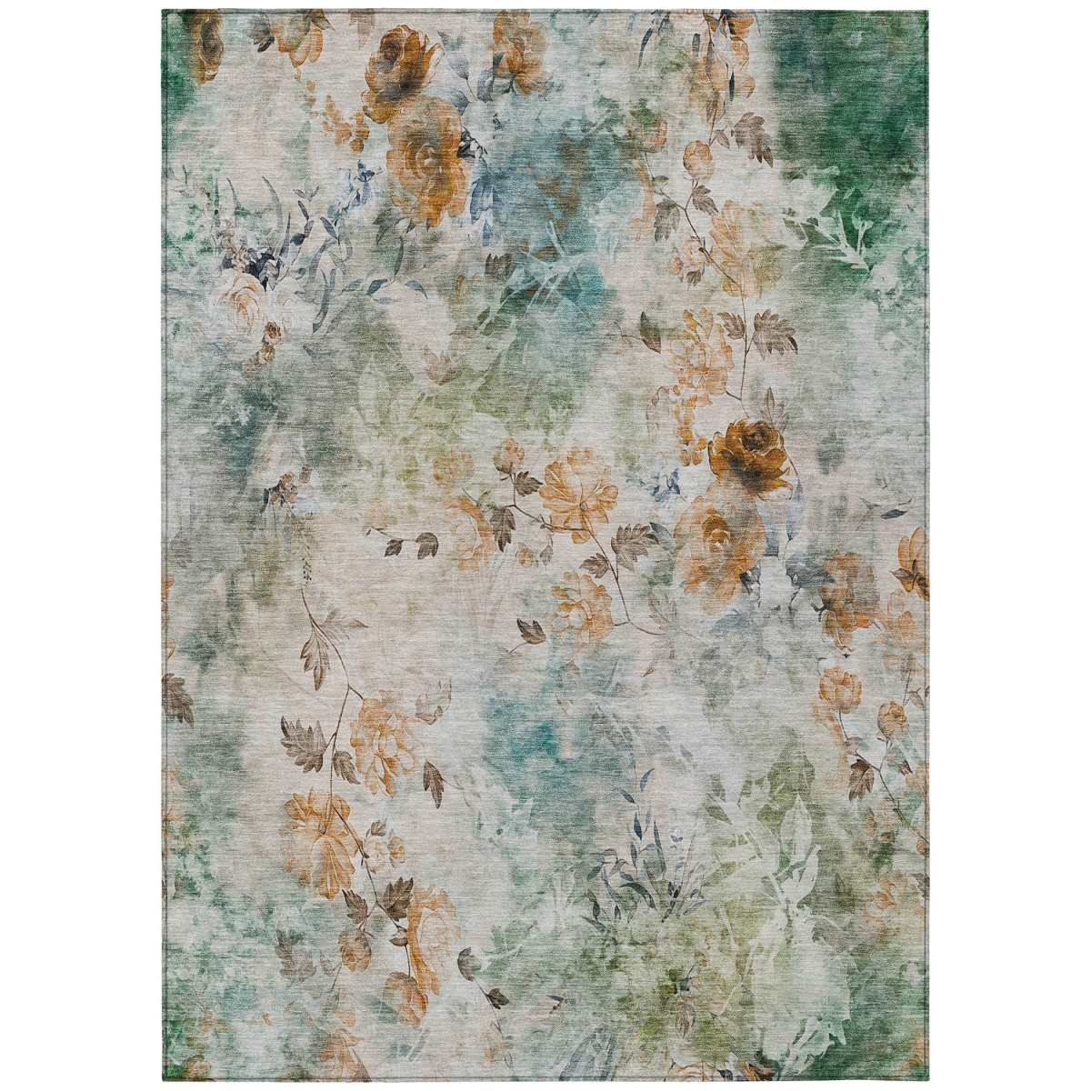 Floral Washable Area Rug - Teal Blue - 5 x 8 ft. - Stain Resistant