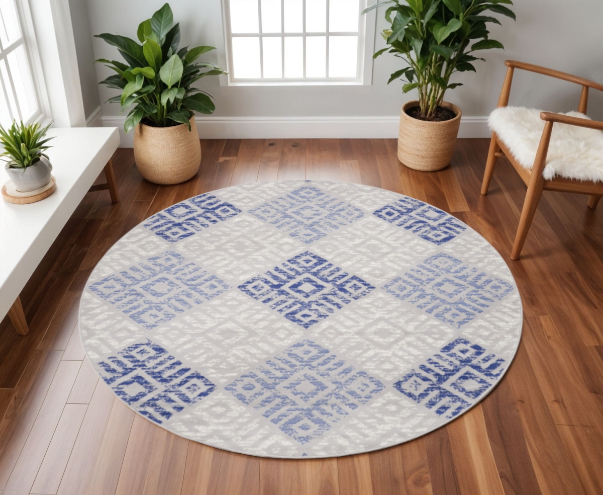 552305 8 ft. Geometric Round Rug, Beige, Blue & Gray