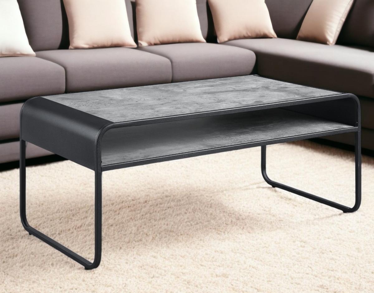 490583 42 in. Gray & Black Concrete & Metal Sled Coffee Table with Shelf