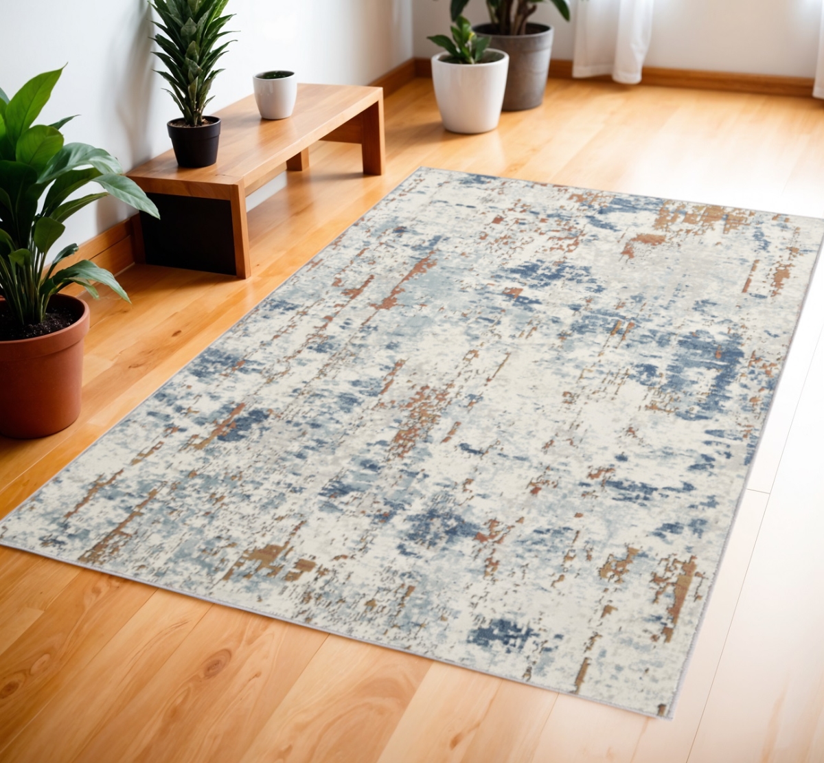 Abstract Power Loom Area Rug - Beige & Blue - 4 x 6 ft. - Modern Design