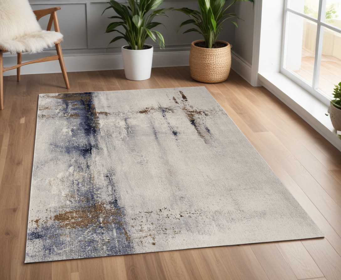 566720 4 x 6 ft. Abstract Power Loom Rectangle Area Rug, Ivory, Blue & Brown