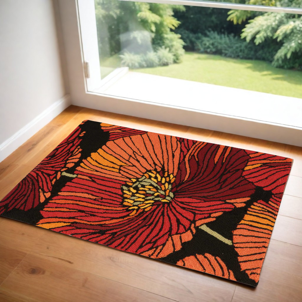 Picture of HomeRoots 552660 2 x 3 ft. Floral Hand Hooked Rectangle Area Rug&#44; Black & Orange