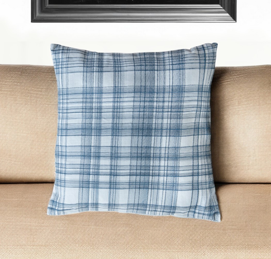 Blue Check Cotton Blend Throw Pillow - 20 in. - Embroidered Design