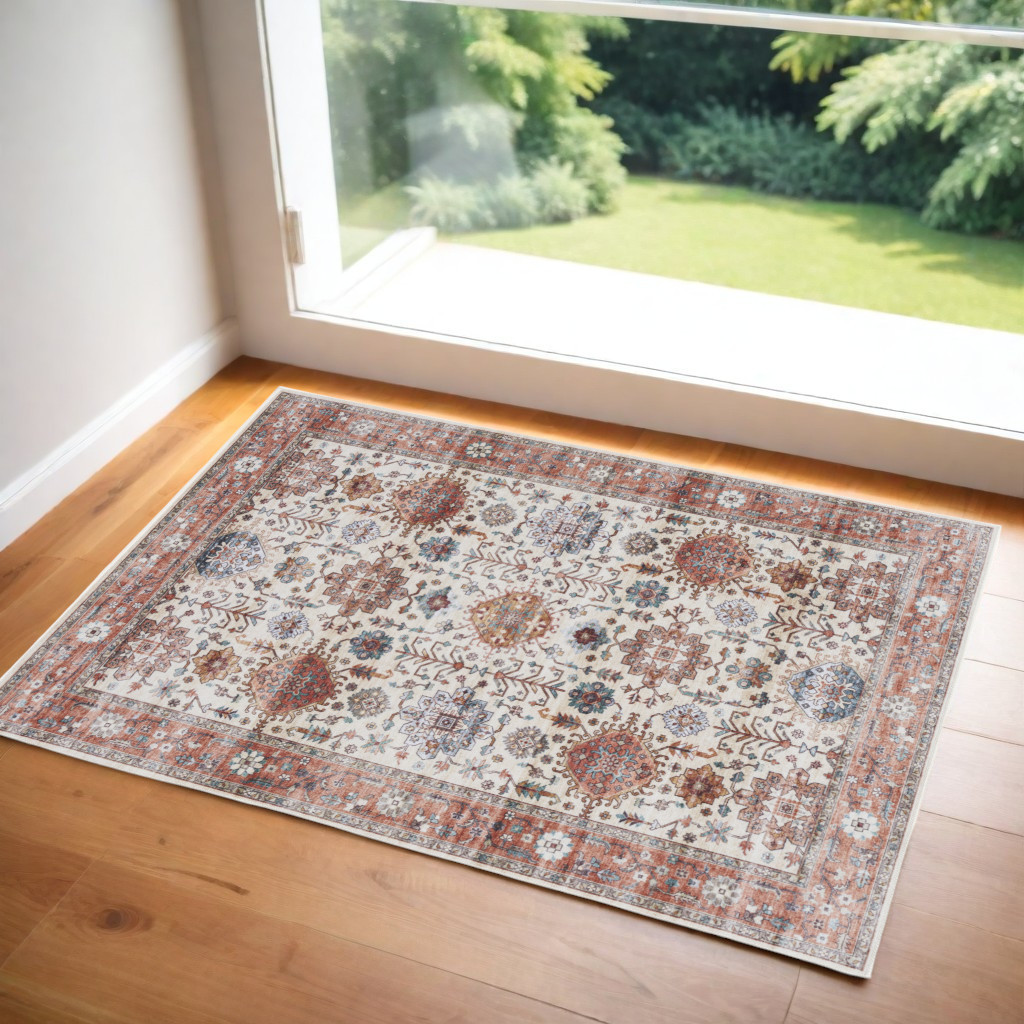 Oriental Distressed Area Rug - Beige & Orange - 2 x 3 ft. - Non-Skid
