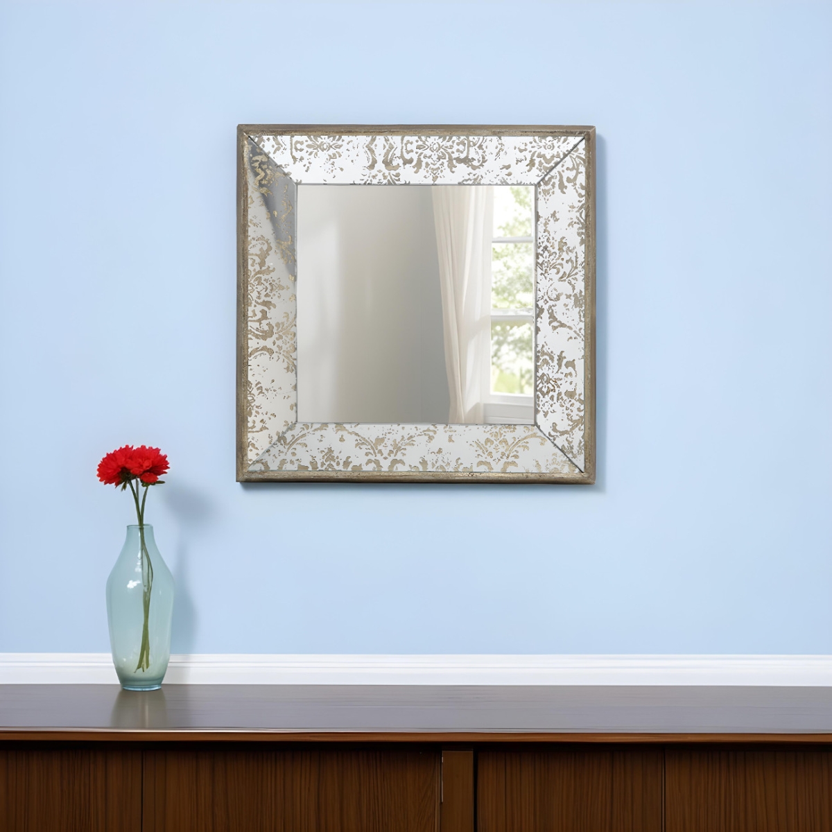 485126 15 in. Brown Square Framed Antiqued Damask Accent Mirror