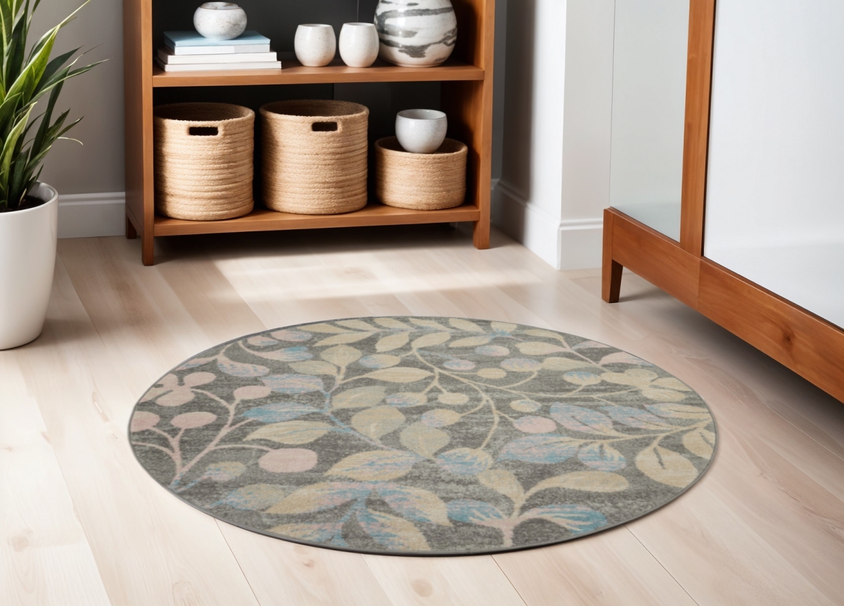 552367 5 ft. Botanical Leaves Round Rug, Beige, Gray & Blue