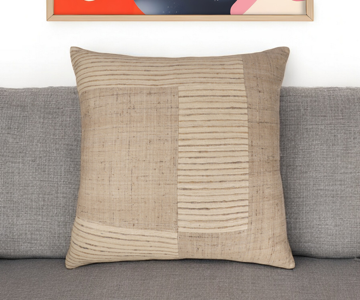 549446 24 in. Brown & Beige Geometric Silk Throw Pillow with Embroidery