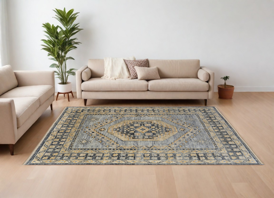 567053 8 x 10 ft. Wool Oriental Hand Knotted Rectangle Area Rug with Fringe, Blue, Gray & Tan