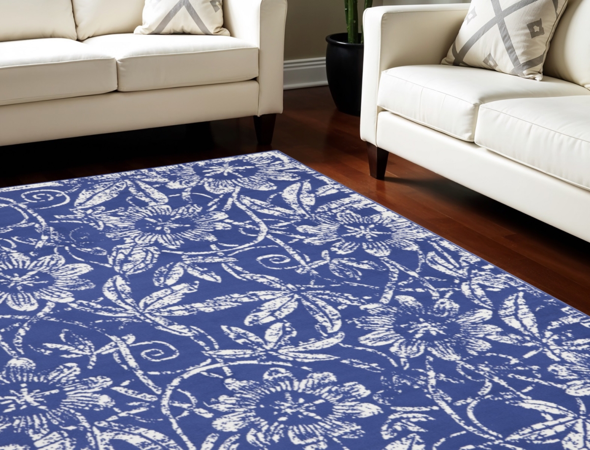 550706 7 x 10 ft. Floral Distressed Non Skid Rectangle Area Rug, Ivory & Navy Blue