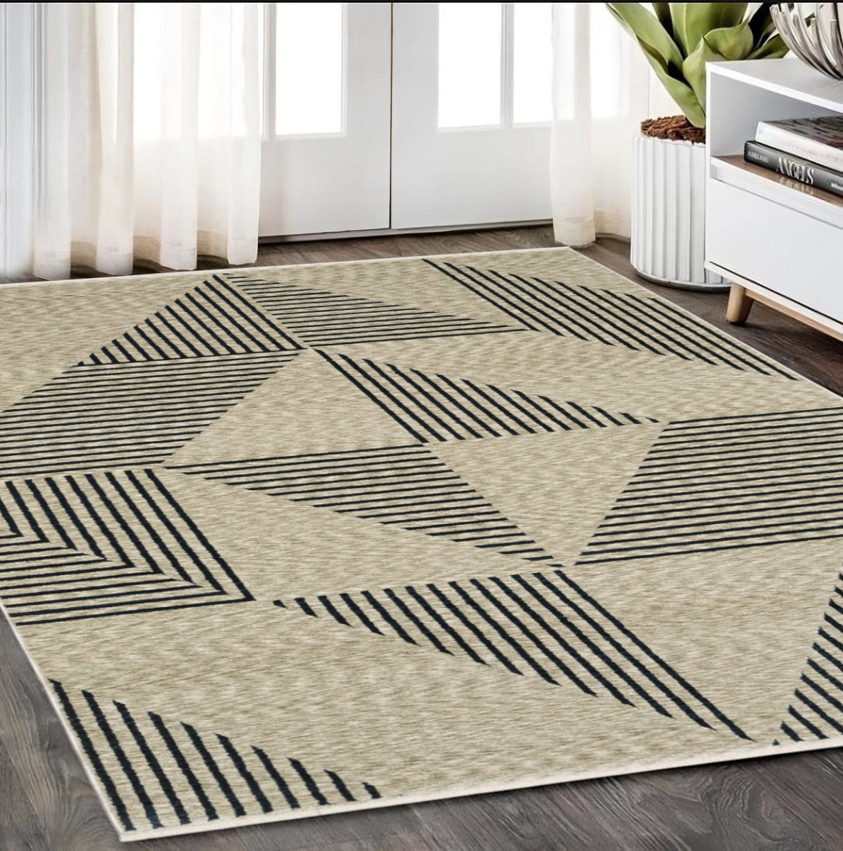 575005 5 x 8 ft. Geometric Rectangle Area Rug with Fringe, Beige