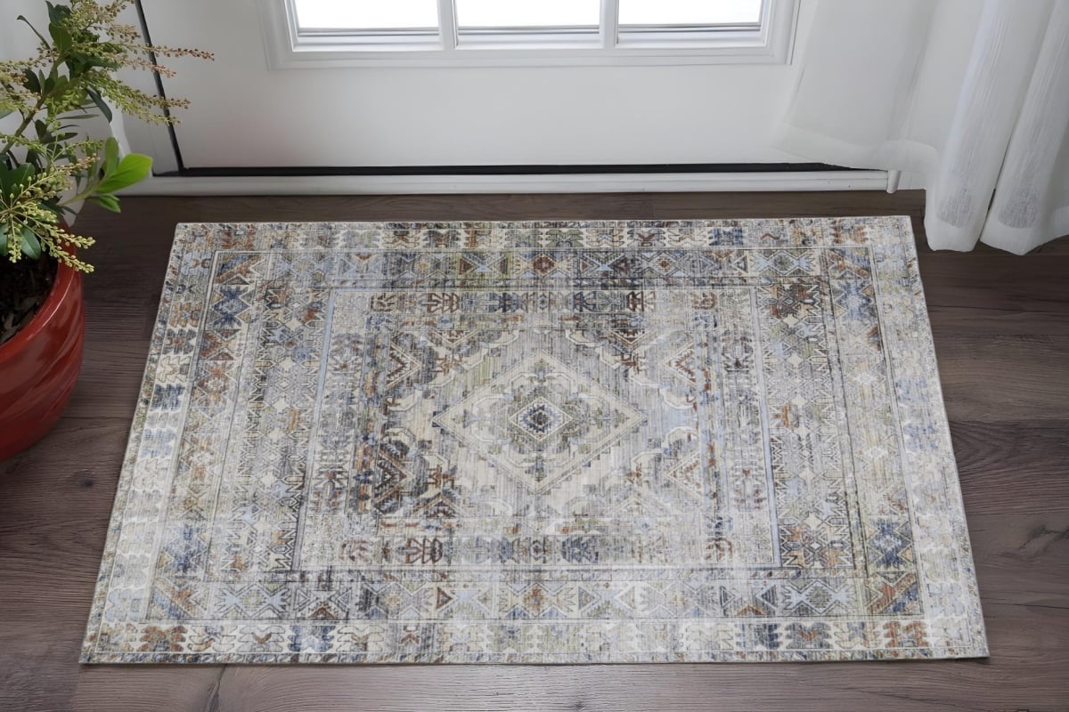 567394 2 x 3 ft. Abstract Power Loom Worn Faded Rectangle Area Rug, Gray, Blue & Red