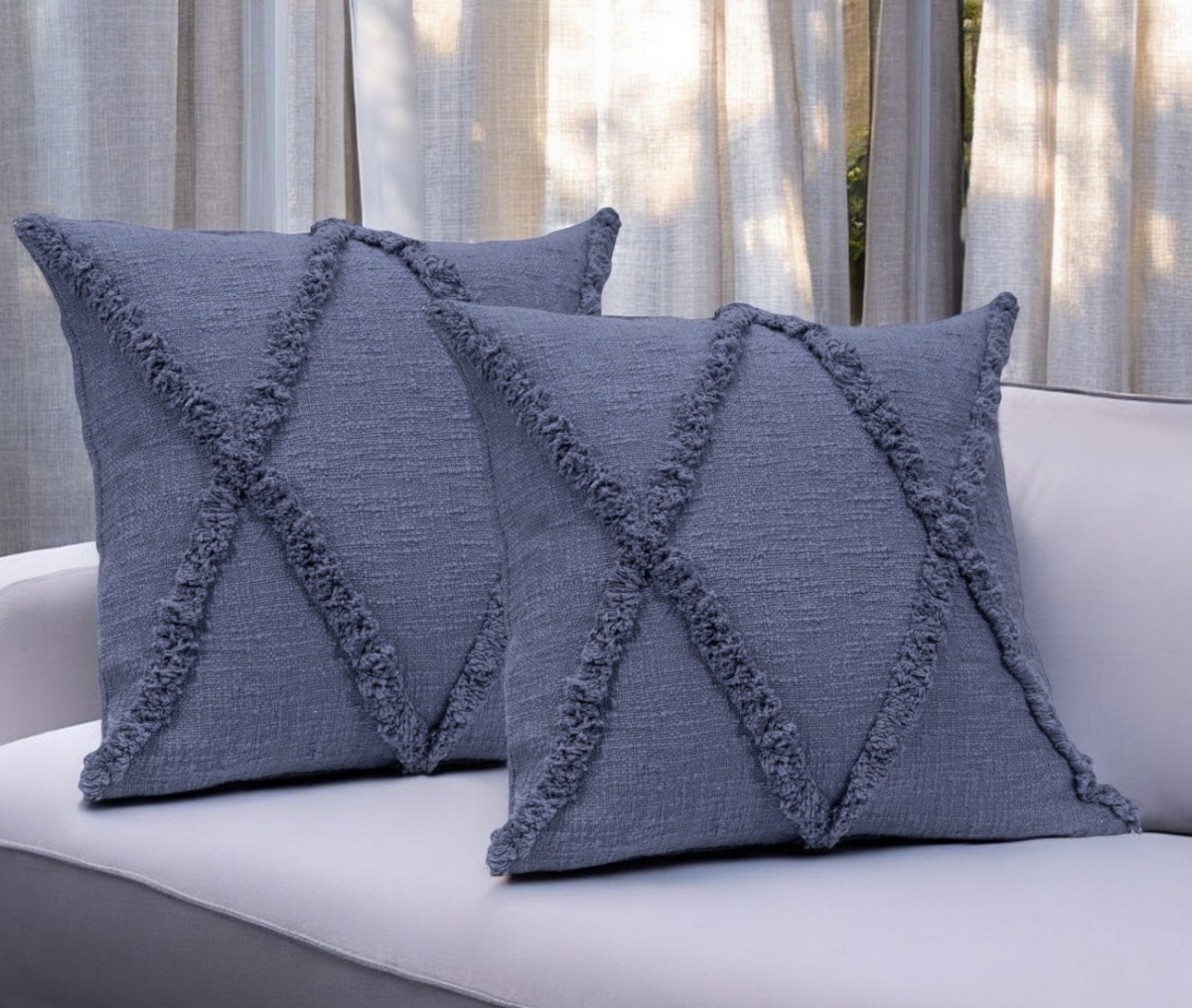 554570 Square Plain Blue Diamond Cotton Throw Pillow with Fringe - Set of 2