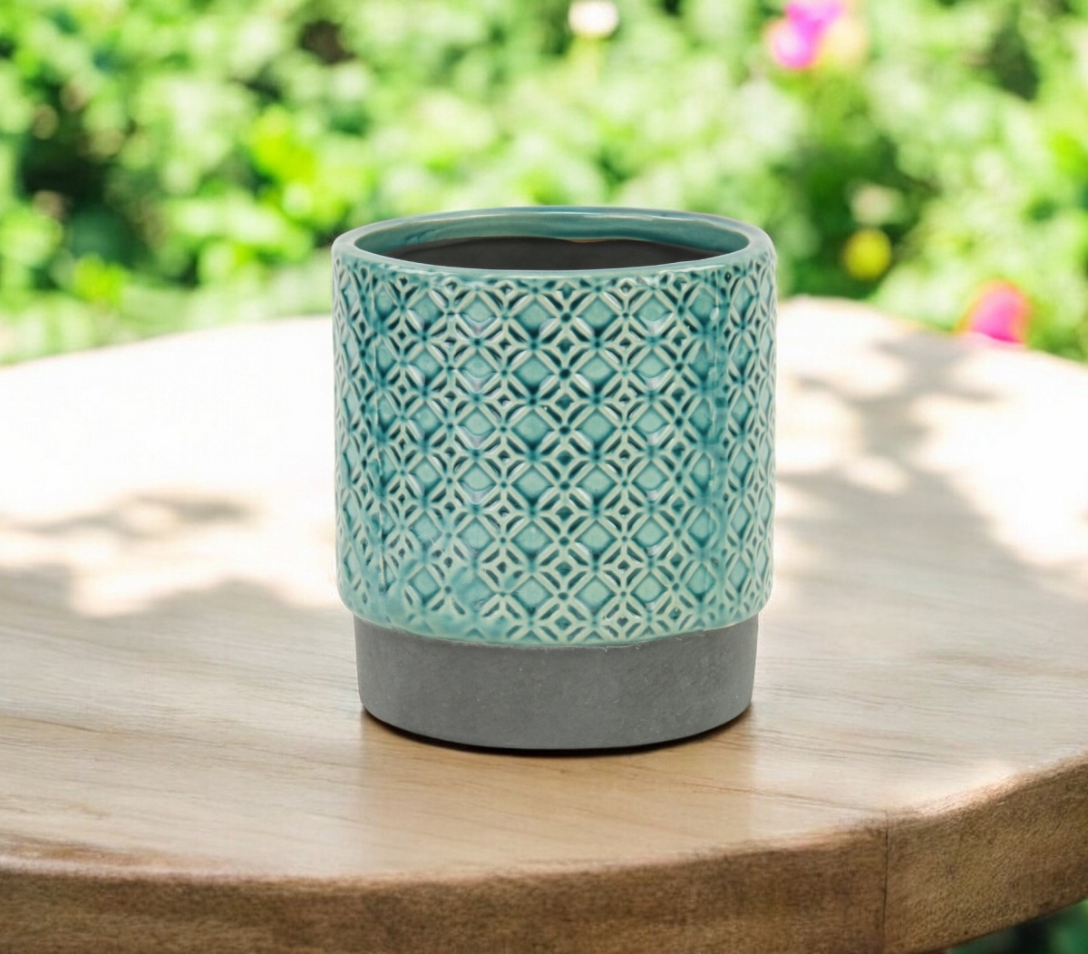 487459 6 in. Turquoise Geometric Ceramic Indoor & Outdoor Round Pot Planter