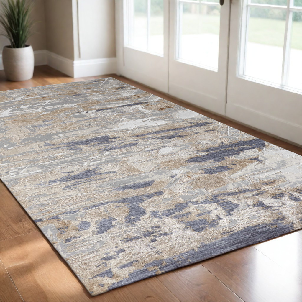 567309 3 x 5 ft. Abstract Power Loom Worn Faded Rectangle Area Rug, Tan, Ivory & Blue