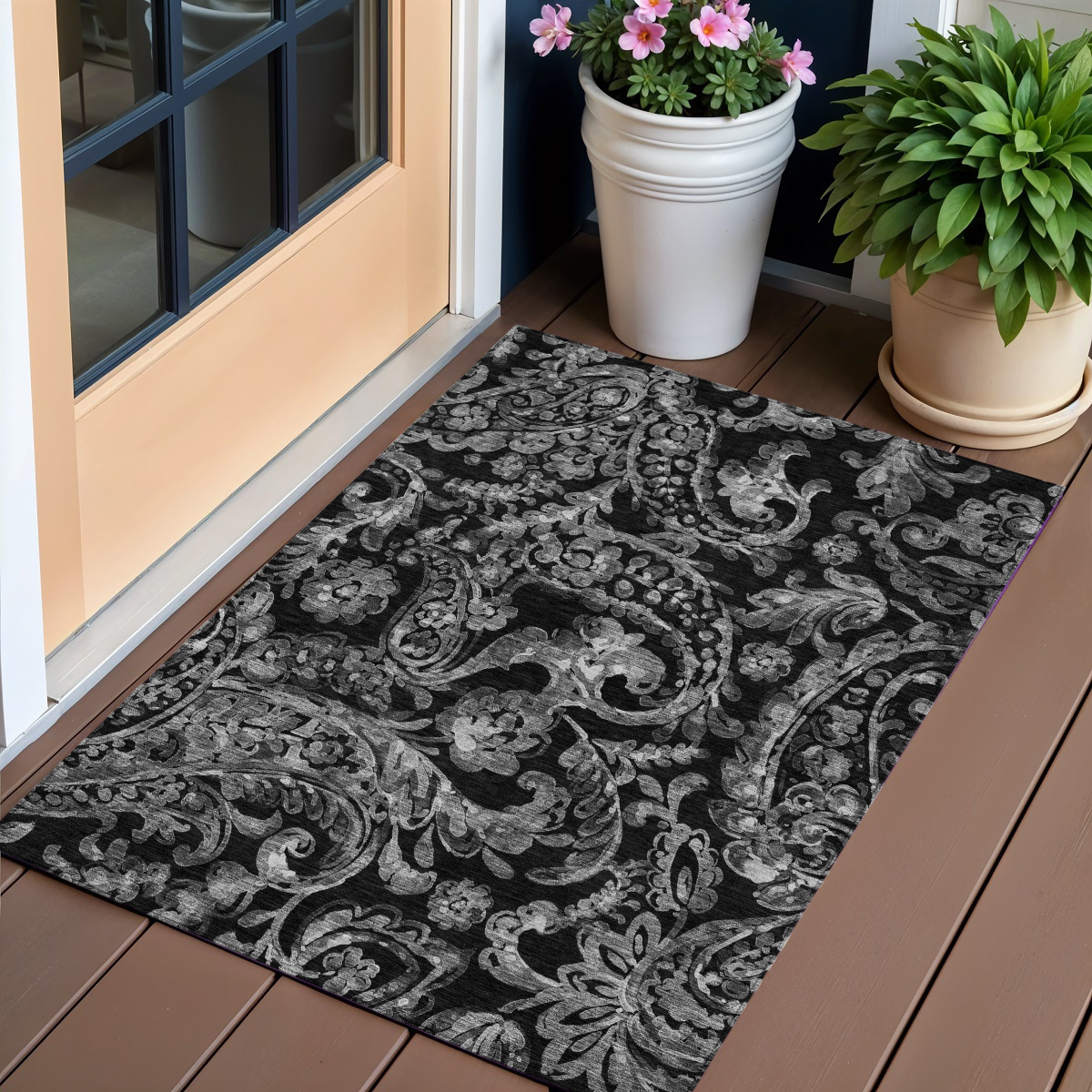 588630 3 x 5 ft. Paisley Washable Indoor & Outdoor Rectangle Area Rug, Black, Gray & Charcoal