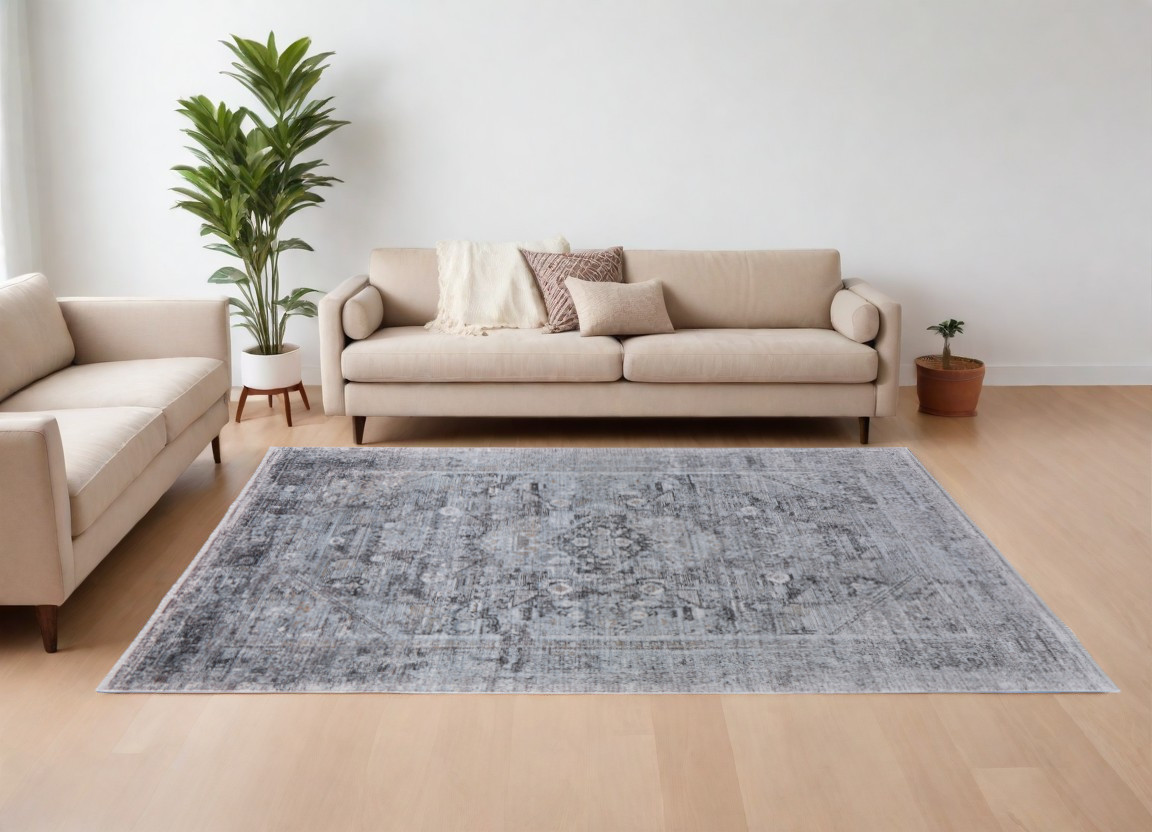 566363 9 x 13 ft. Oriental Power Loom Worn Faded Rectangle Area Rug, Gray & Silver