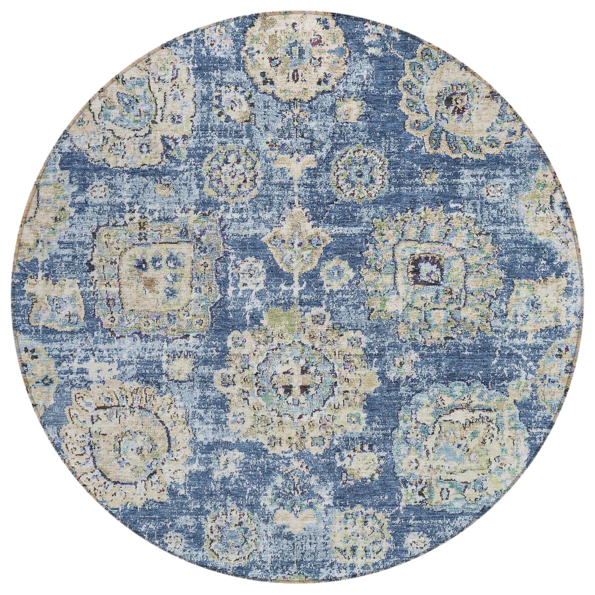 579441 8 ft. Round Floral Washable Indoor & Outdoor Area Rug, Navy Blue & Beige