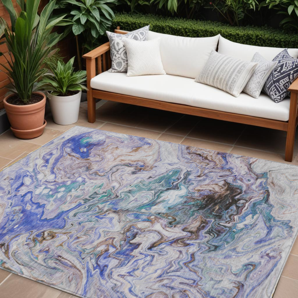 577953 8 x 10 ft. Abstract Washable Indoor & Outdoor Rectangle Area Rug, Beige, Blue & Taupe