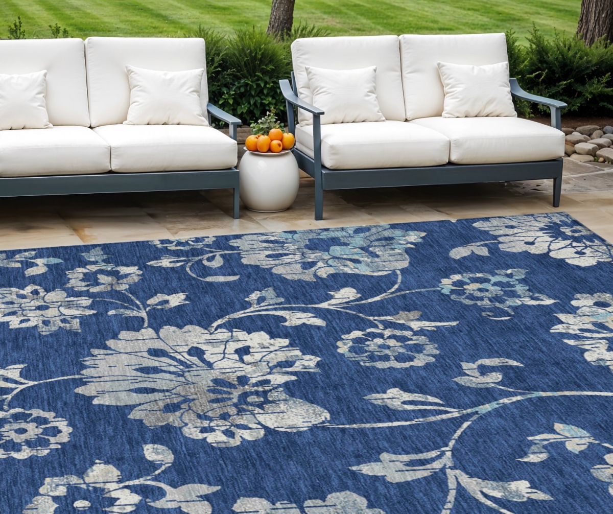 589485 8 x 10 ft. Floral Washable Indoor & Outdoor Rectangle Area Rug, Navy Blue & Gray