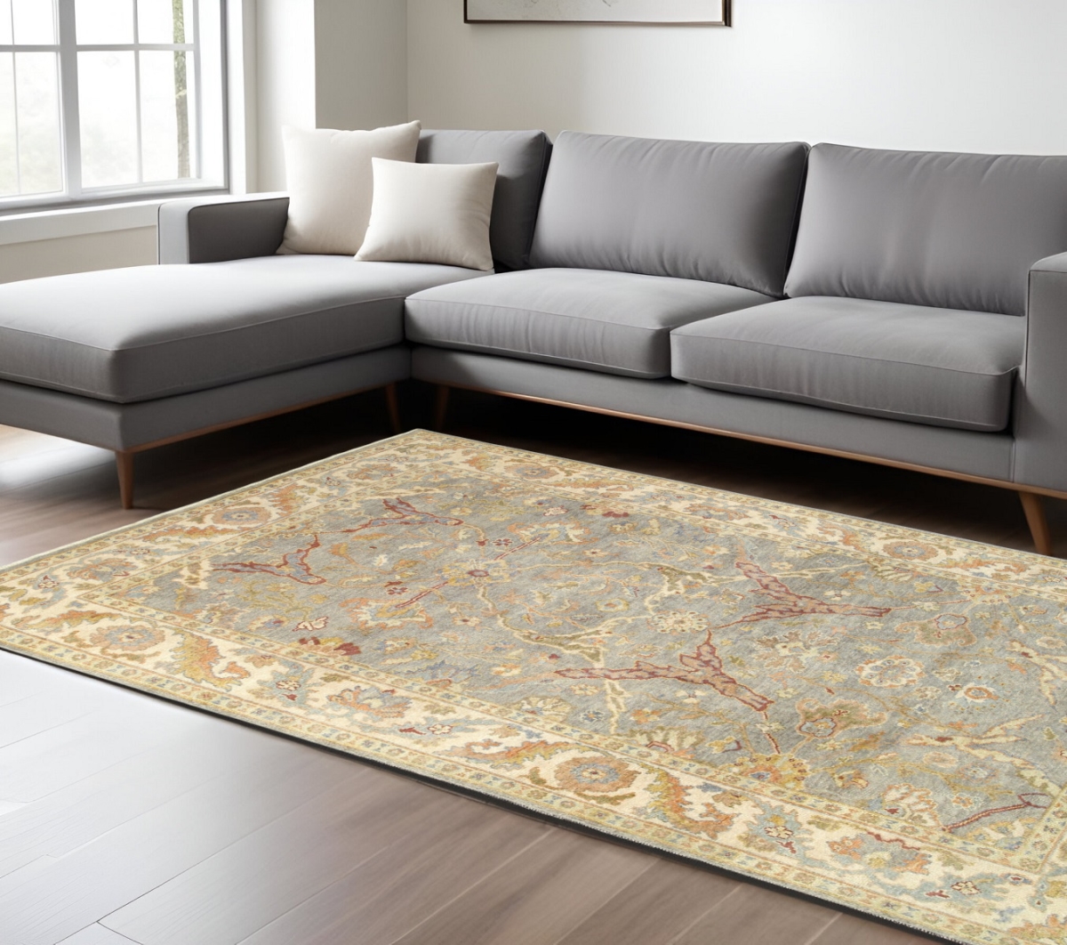 575825 6 x 9 ft. Wool Oriental Hand Knotted Rectangle Area Rug, Gray & Beige