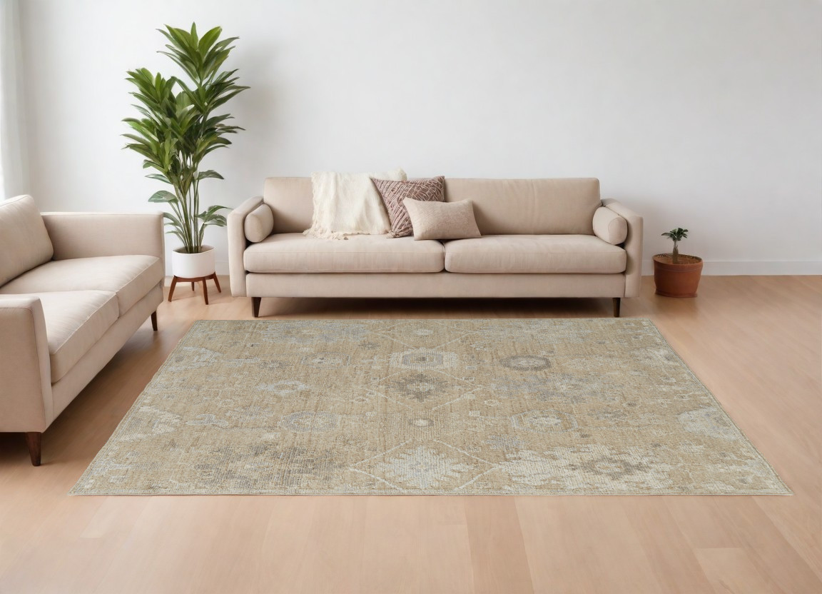 567177 8 x 10 ft. Wool Floral Hand Knotted Rectangle Area Rug - Tan & Ivory