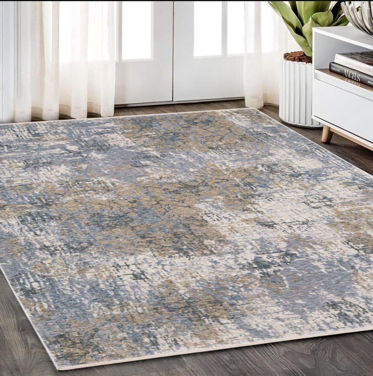 574769 5 x 8 ft. Abstract Distressed Rectangle Area Rug with Fringe, Beige & Blue
