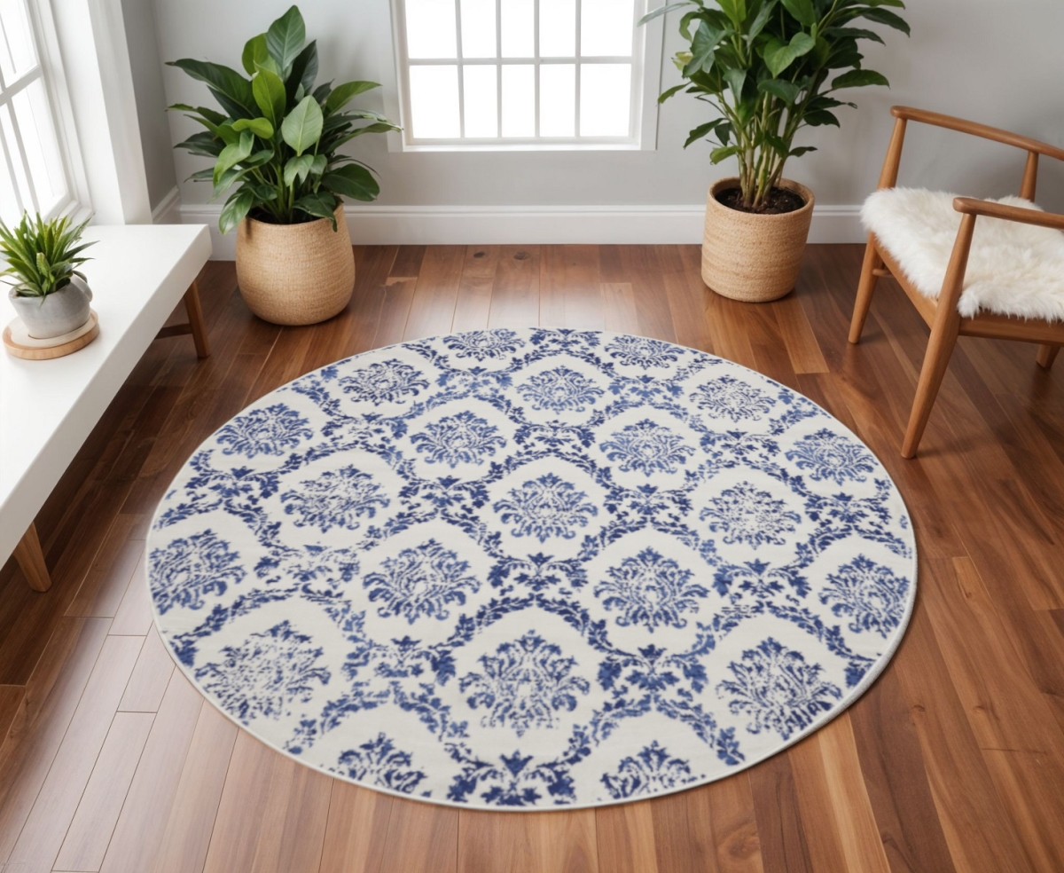 552339 8 ft. Damask Distressed Round Rug, Ivory & Navy Blue