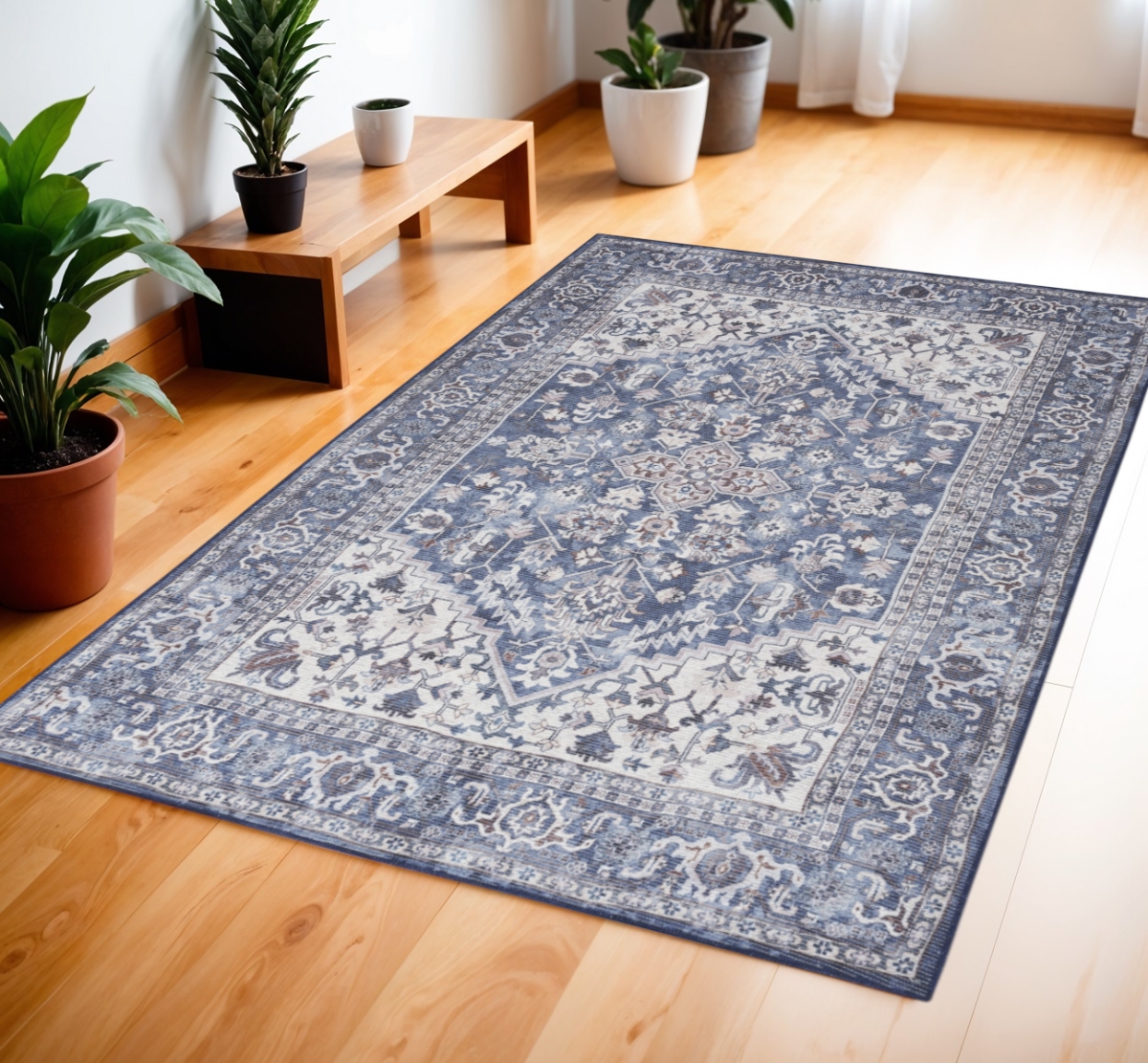 554849 4 x 6 ft. Floral Medallion Power Loom Distressed Rectangle Area Rug, Blue & Ivory