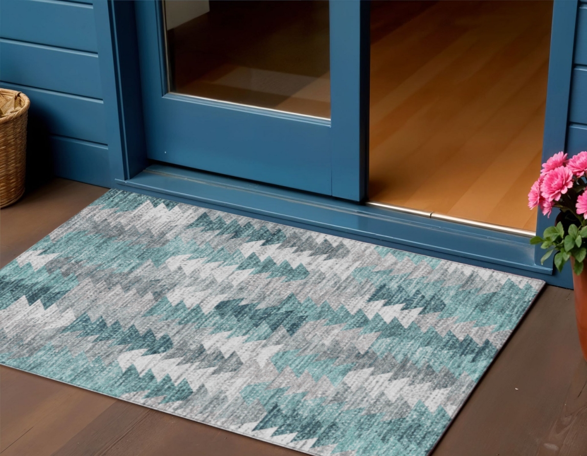 579999 3 x 5 ft. Geometric Washable Indoor & Outdoor Rectangle Area Rug, Dark Blue, Aqua & Gray
