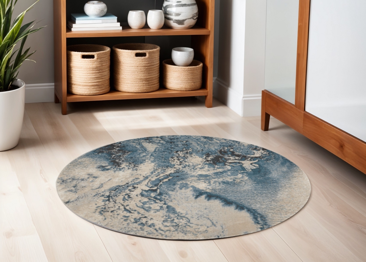 550442 5 ft. Abstract Non Skid Round Rug, Teal & Ivory