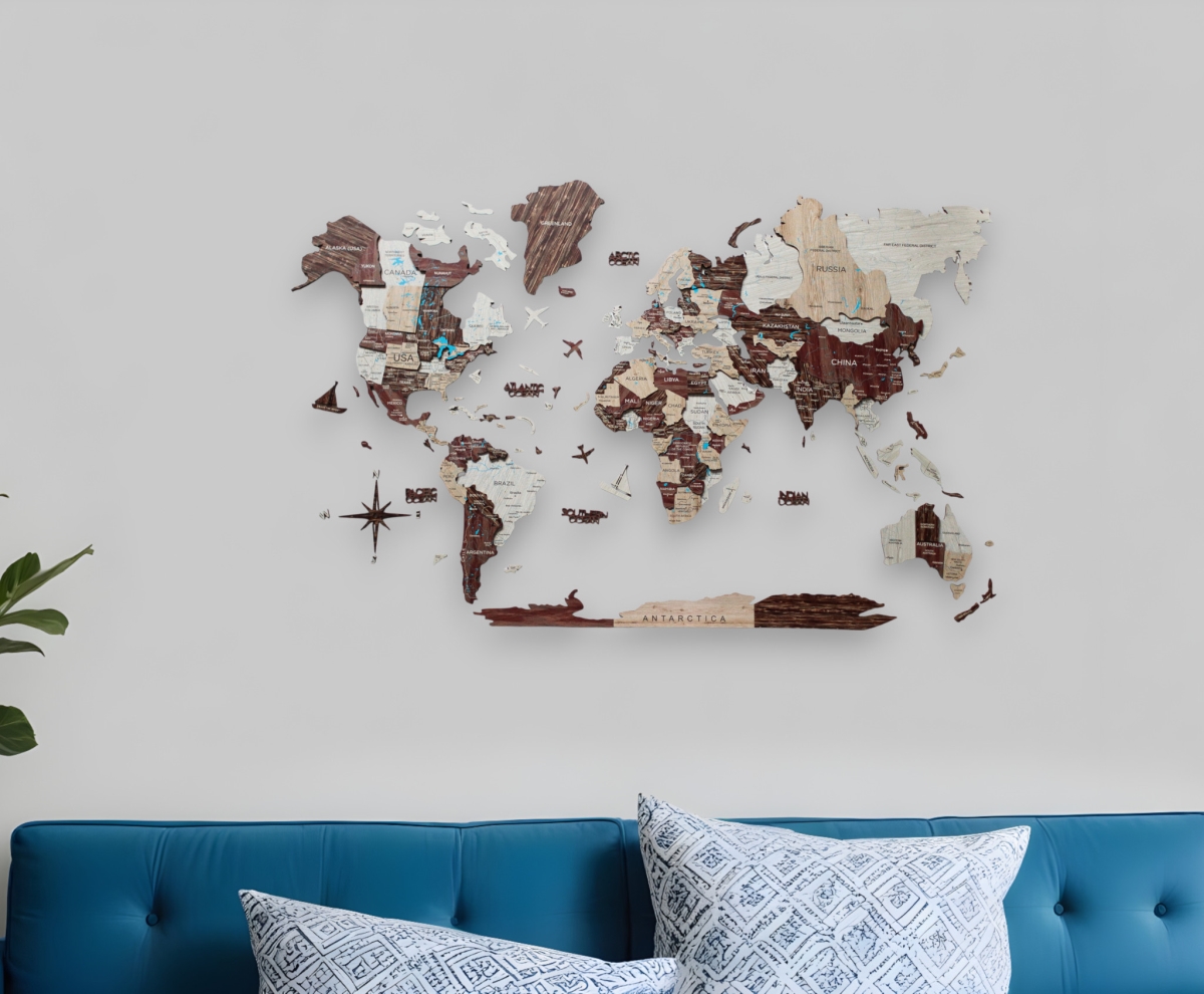 Picture of HomeRoots 521589 24 x 39 in. Brown & Beige Wood World Map Hanging Dimensional Sculpture