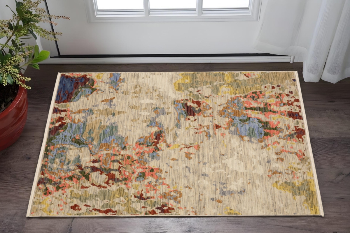 575475 3 x 5 ft. Abstract Rectangle Area Rug with Fringe, Beige, Salmon & Yellow