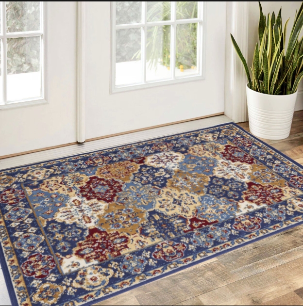546050 3 x 5 ft. Ogee Distressed Non Skid Rectangle Area Rug, Red, Blue & Light Brown