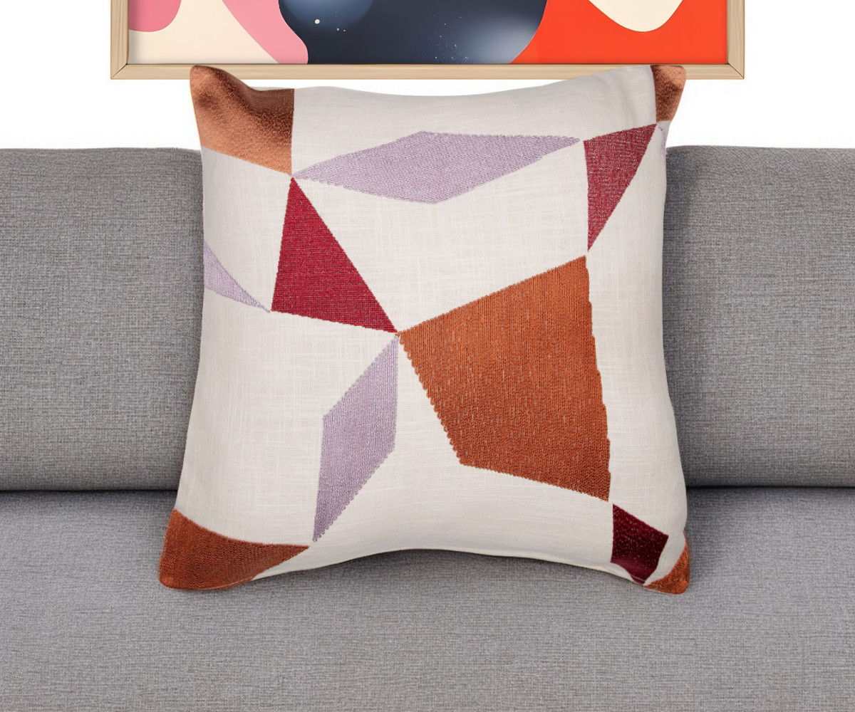 Geometric Cotton Blend Throw Pillow - Ivory Red & Orange - 20 in. - Embroidered Design