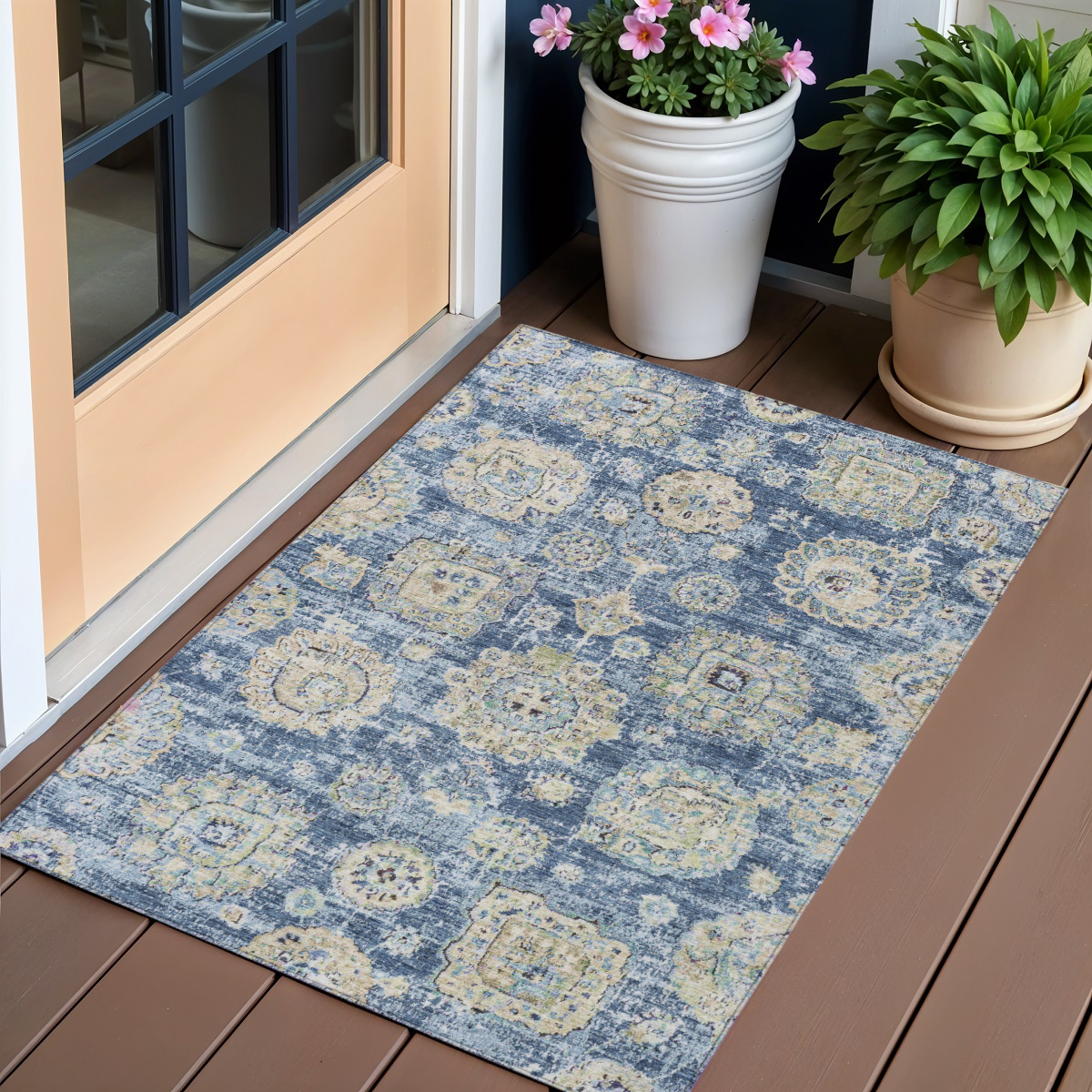 579439 3 x 5 ft. Floral Washable Indoor & Outdoor Rectangle Area Rug, Navy Blue & Beige