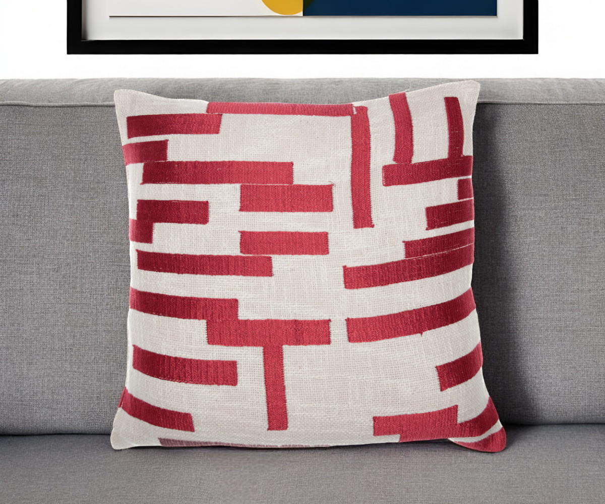 Red & Ivory Geometric Throw Pillow - 24 in. - Soft Cotton Blend with Embroidery