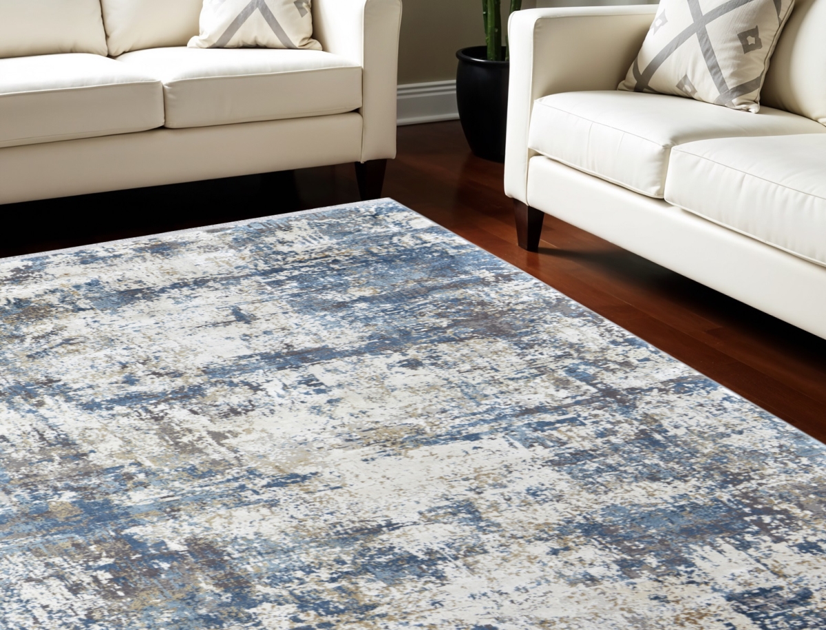 566036 10 x 13 ft. Abstract Power Loom Rectangle Area Rug with Fringe, Ivory, Tan & Blue
